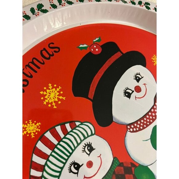 Vintage Snowman Couple Christmas Round Tin Tray, Retro Holiday Serving Dish, 12. - Picture 5 of 8